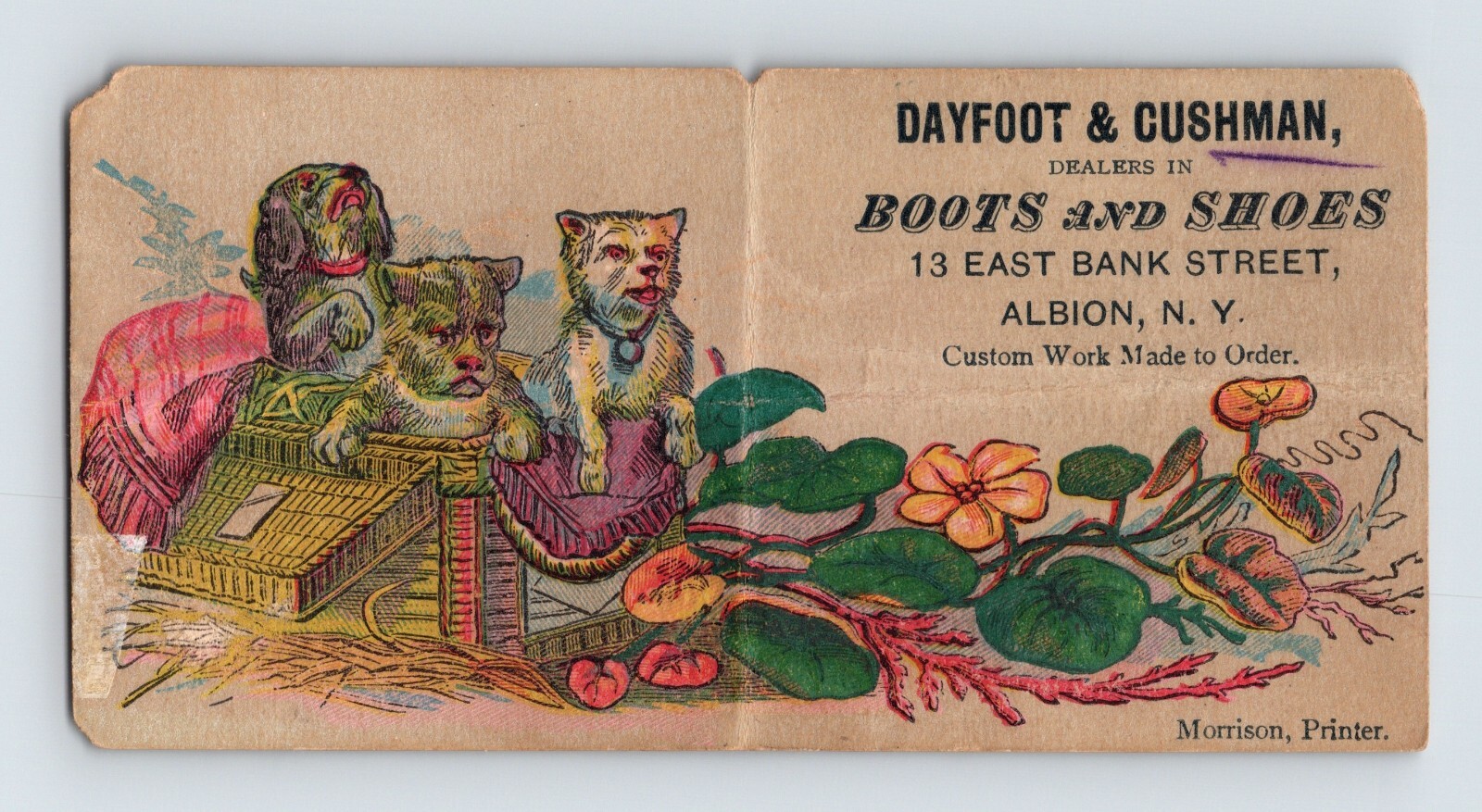 Victorian Trade Card Dayfoot Cushman Boots Shoes Dogs Albion NY 2″ x 4″
