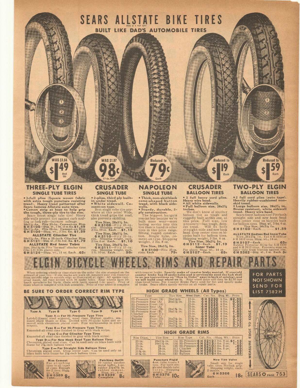 1938 Allstate Bike Tires, Elgin Bicycle Wheels, Cross Country Battery Advertisem