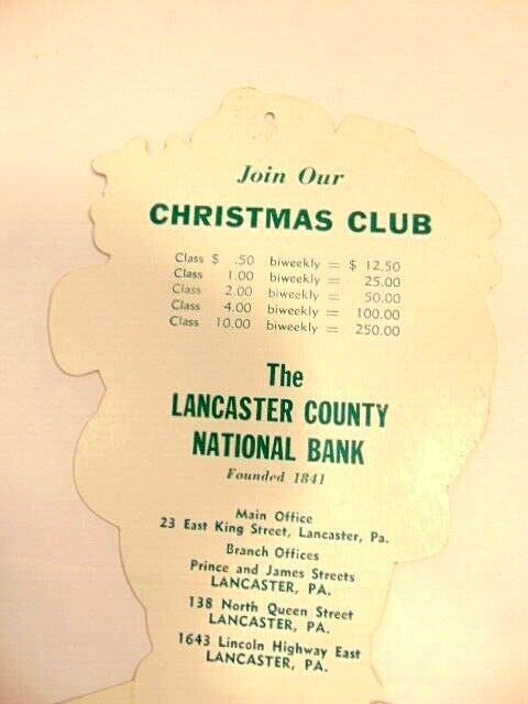 Lancaster Co. National Bank (Pa.) paper Santa Claus Christmas Club ornament ad