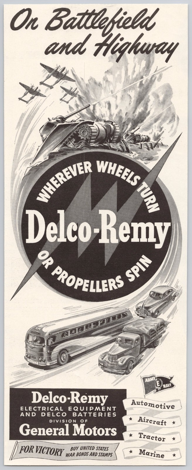 1942 Delco-Remy P-38 Lightning M4 Tank WW2 Vintage Print Ad Army-Navy E Award