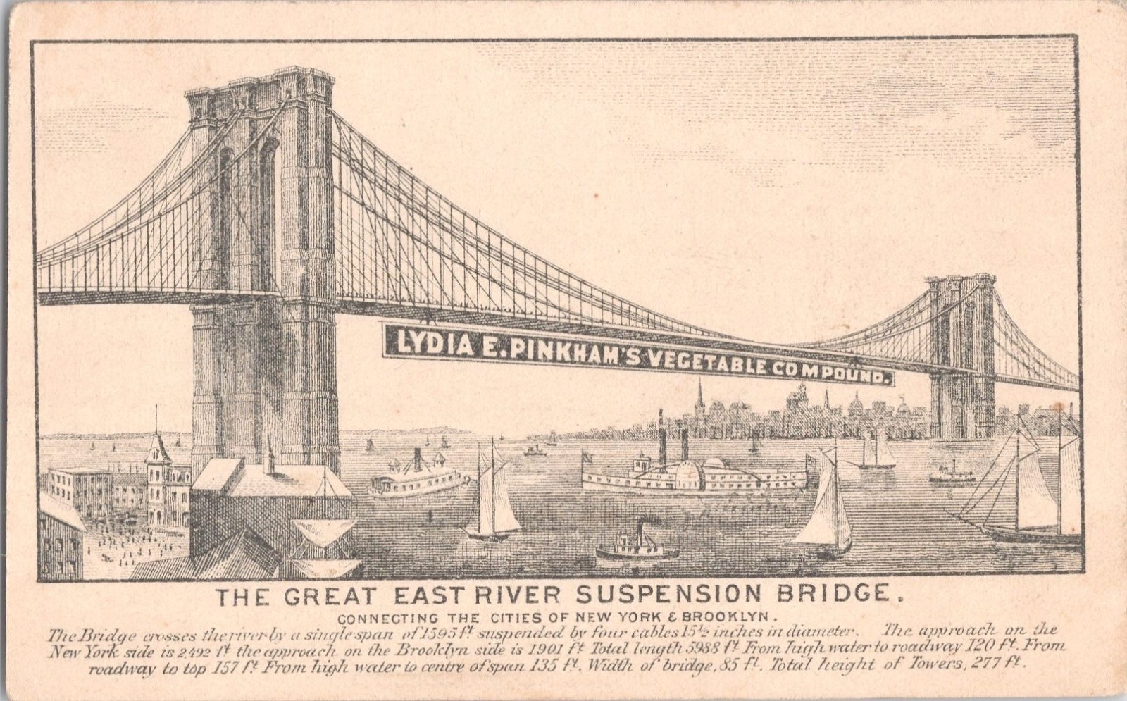 LYDIA E. PINKHAM’S Vegetable Compound – The Great East River Suspension Bridge