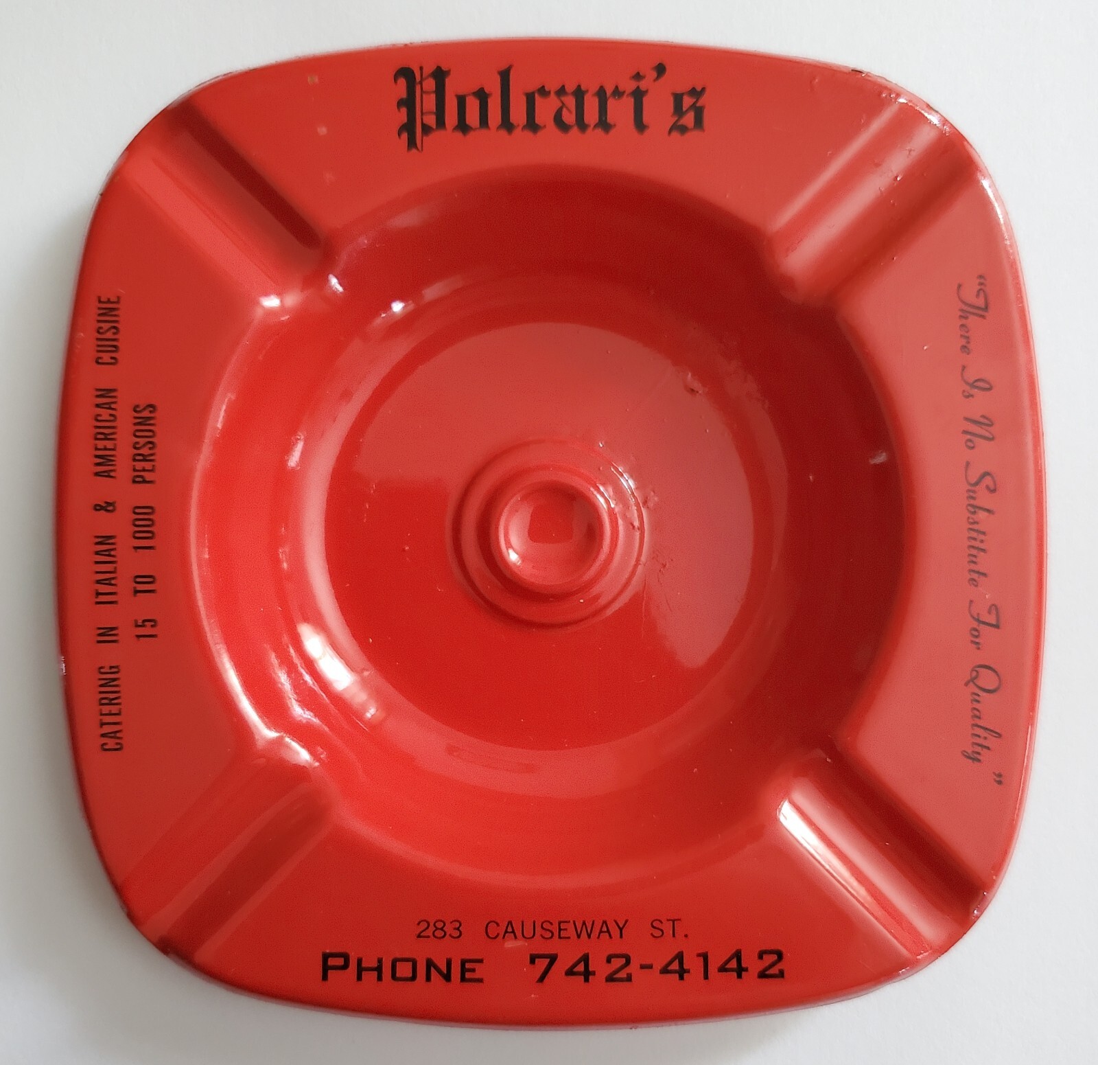 Vintage Advertising Tin Ash Tray; Polcari’s, 283 Causeway St, Boston, Mass, NOS!