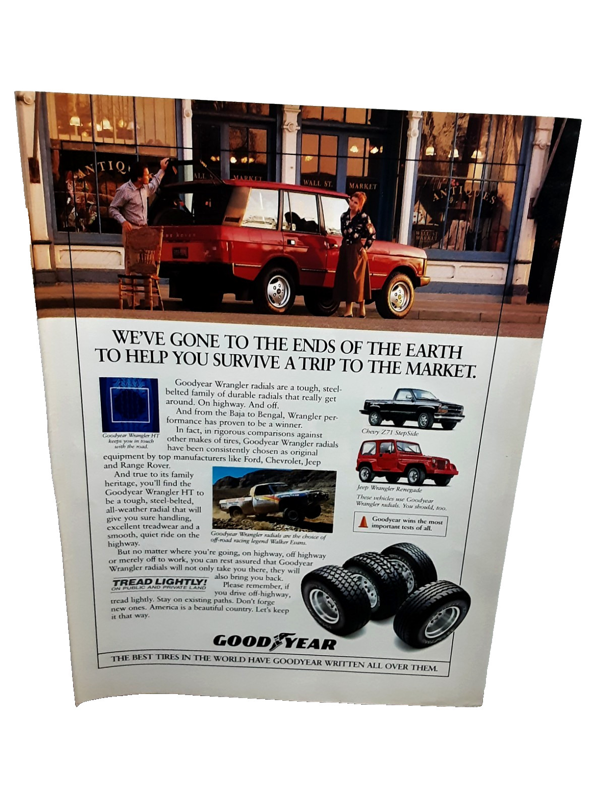 1991 Goodyear Wrangler Tires Print Ad Chevy Jeep Ford Range Rover Vintage