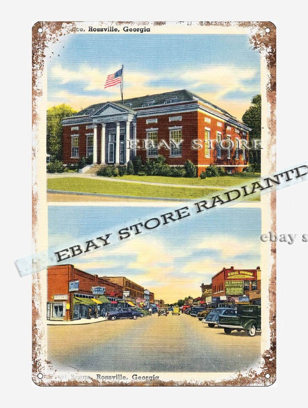 tin sign 1930s-40s Post Office Rossville Georgia street scene home bar decor
