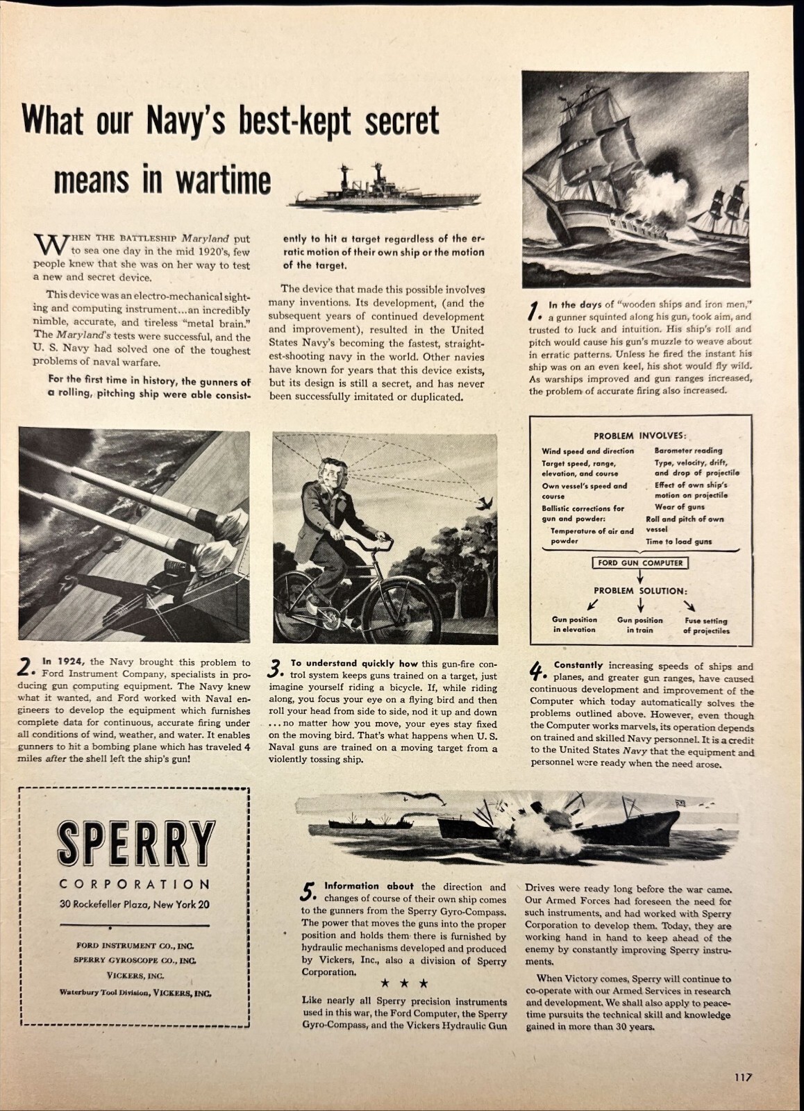 Sperry Navy Wartime Battleship Maryland WWII Vintage Print Ad 1944