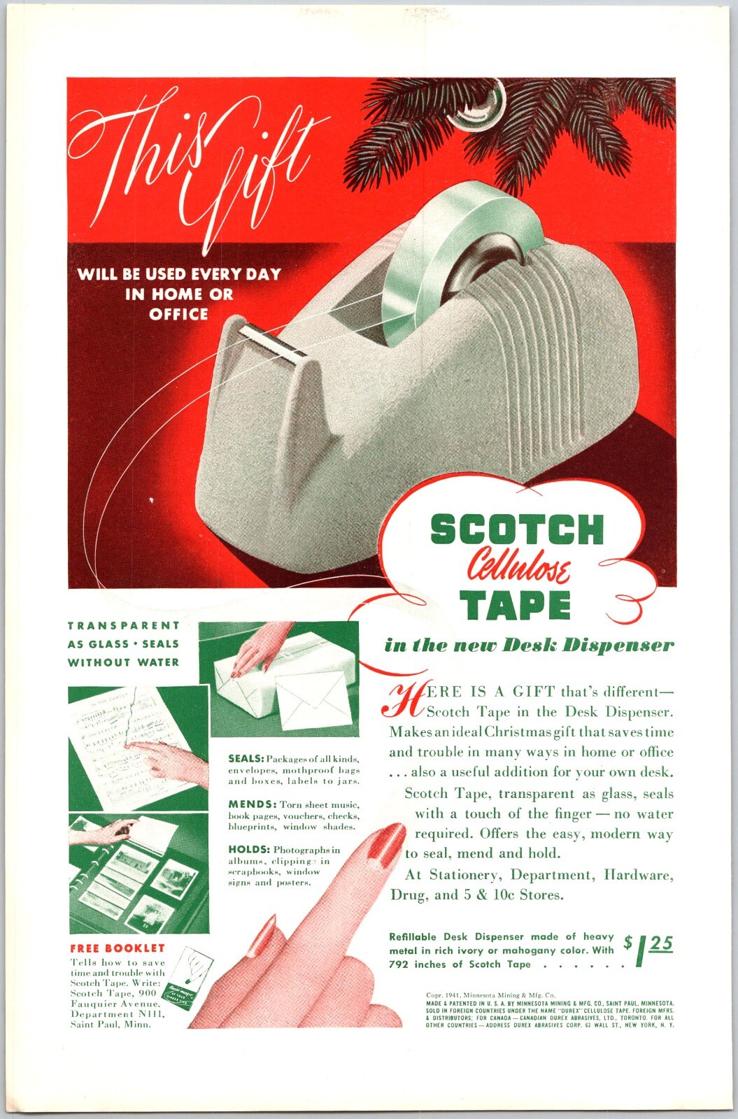 PRINT AD 1941 Scotch Cellulose Tape Desk Dispenser Christmas Gift 6.75 x 10