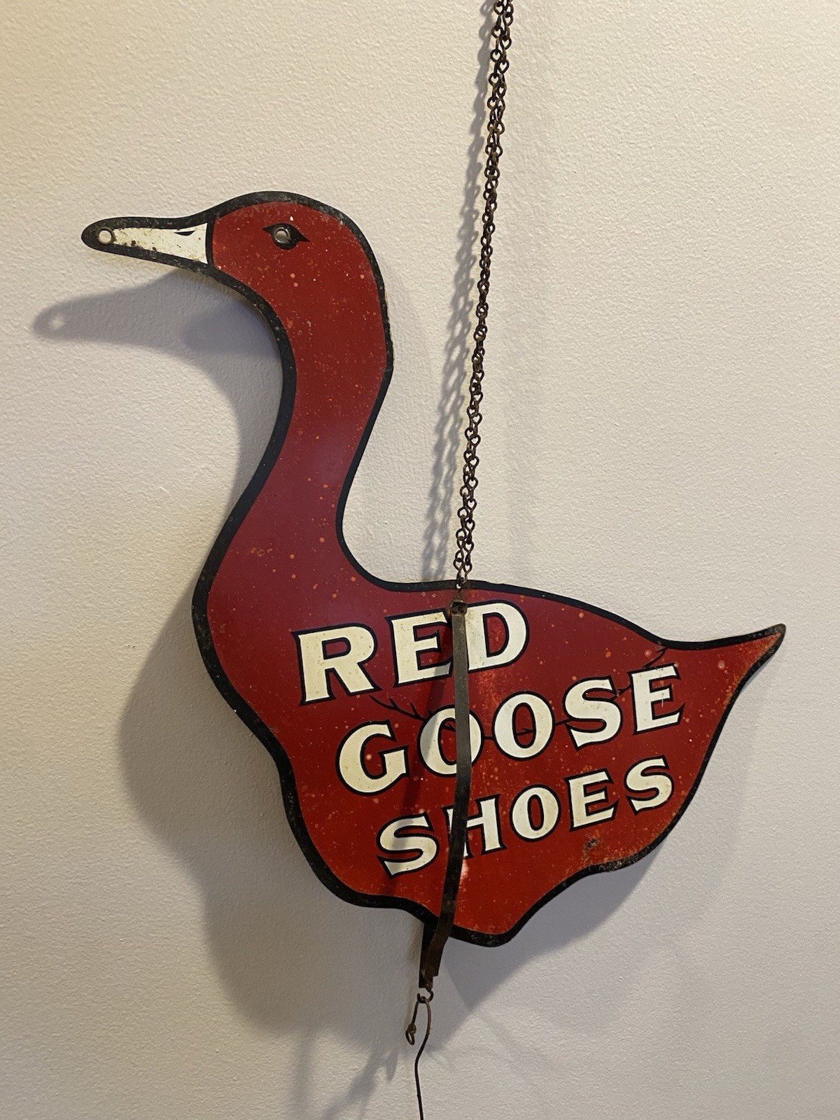 Old RED GOOSE SHOES String Dispenser Hanging Sign Display Vintage Advertising