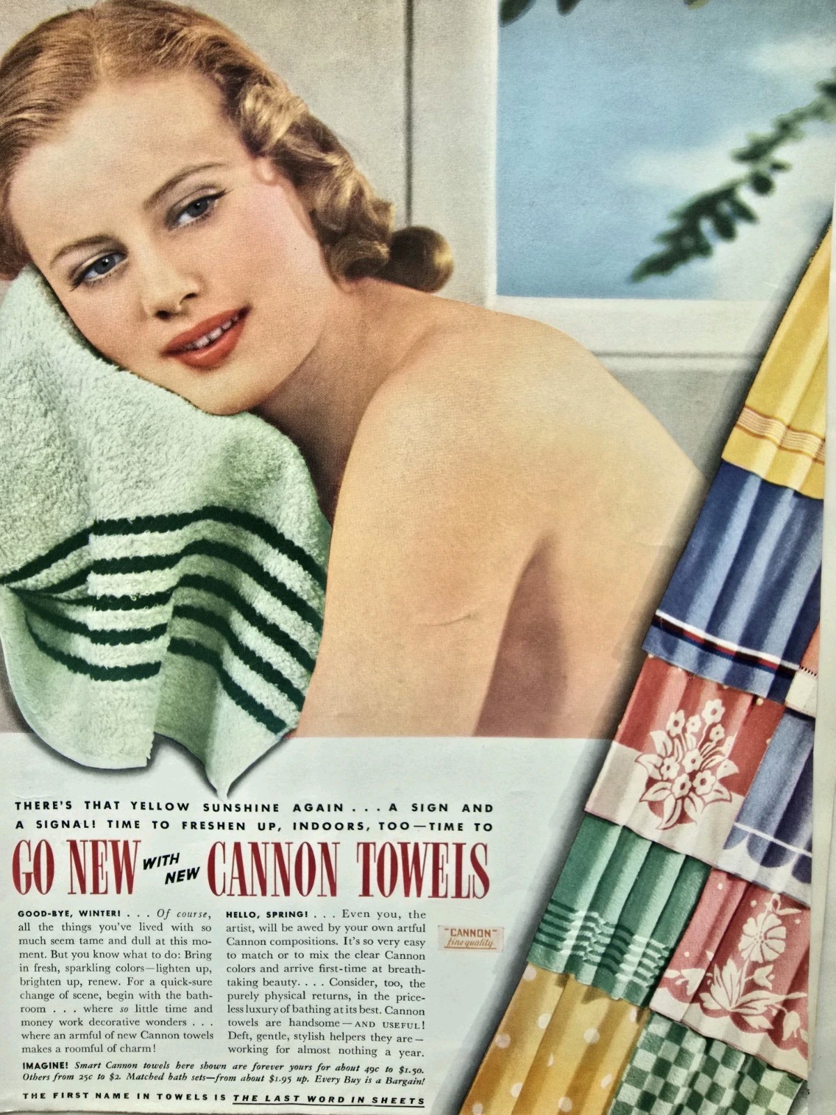 1938 Pretty Woman Cannon Bath Towels Goodbye Winter Hello Spring vintage Ad