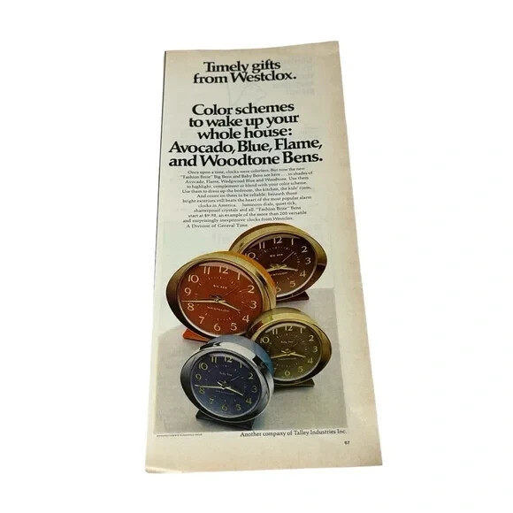 1970 Westclox Big Ben and Baby Ben Colored Face Clocks Original Vintage Print Ad
