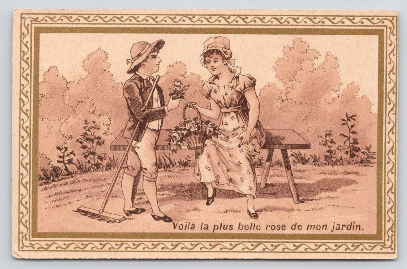 Chocolat Louit FRENCH Victorian Trade Card Young Man Brings Girl Rose