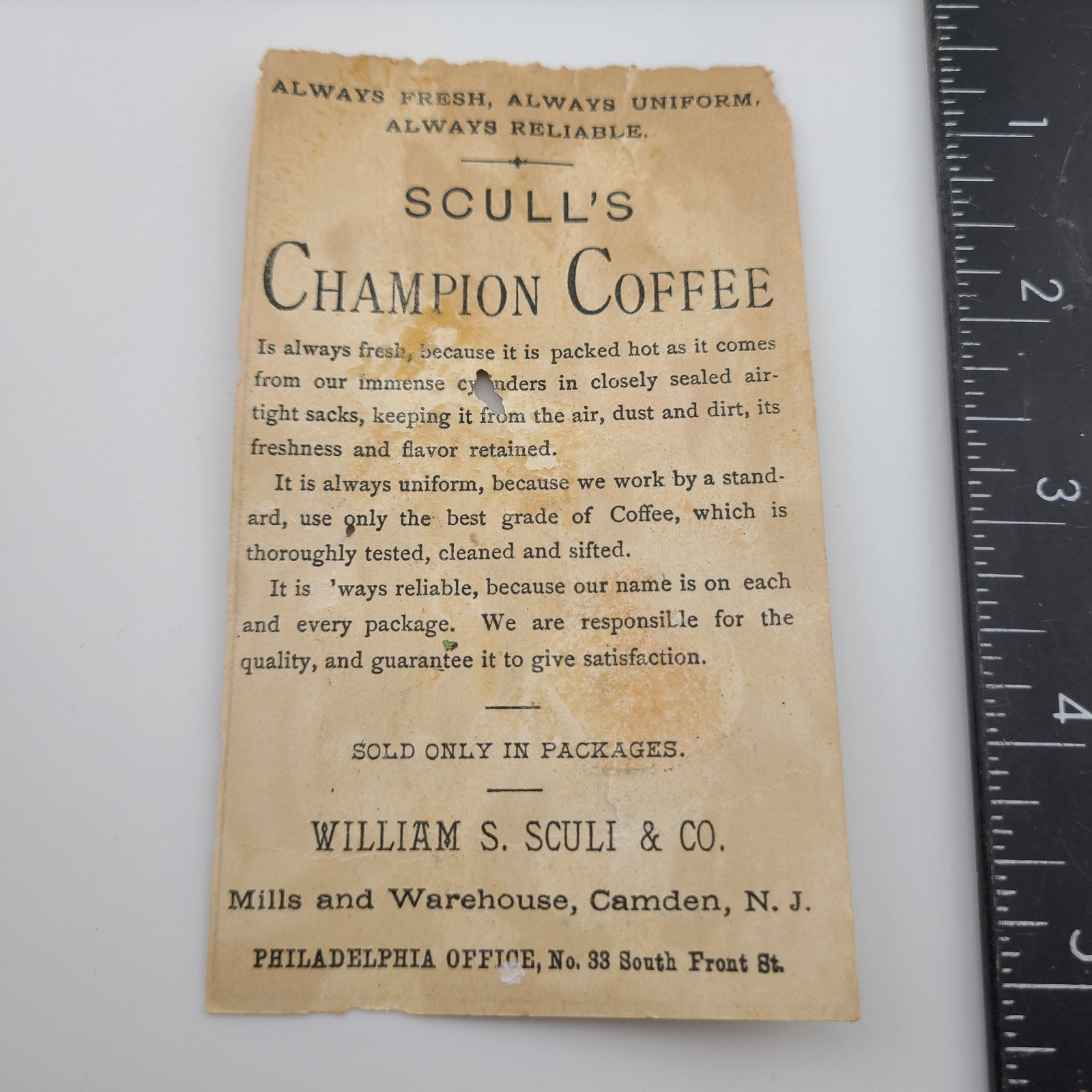Victorian Trade Card (Damaged) Scull’s Champion Coffee Camden New Jersey