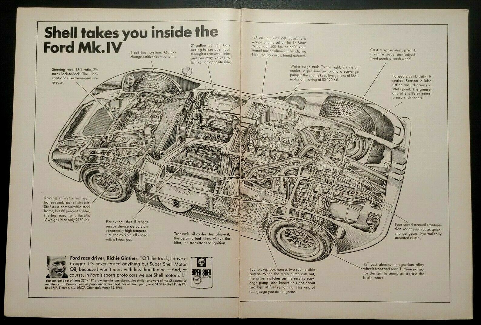 1967 Shell Oil Ford Mark Mk. IV Richie Ginther Cutout 500hp VINTAGE PRINT AD