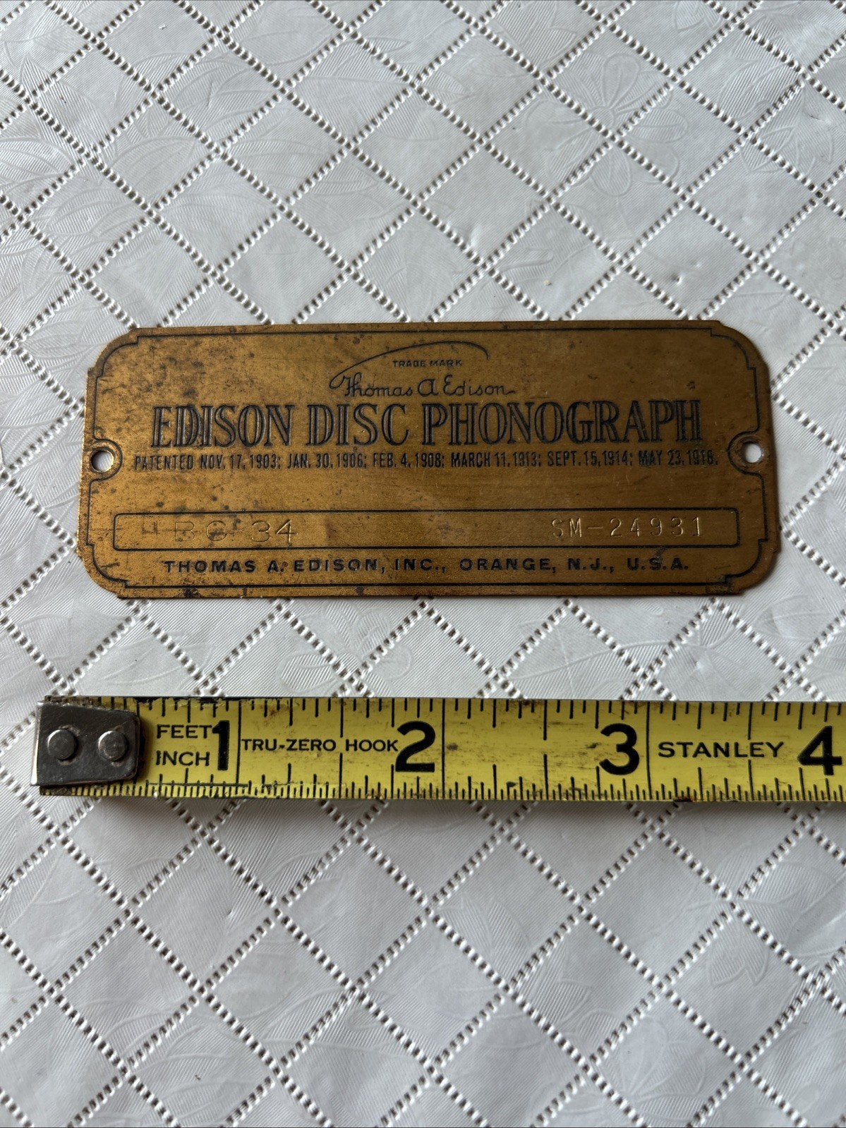Vintage Edison Disc Phonograph Tag Thomas Edison Orange Nj. Pat: 1903-17