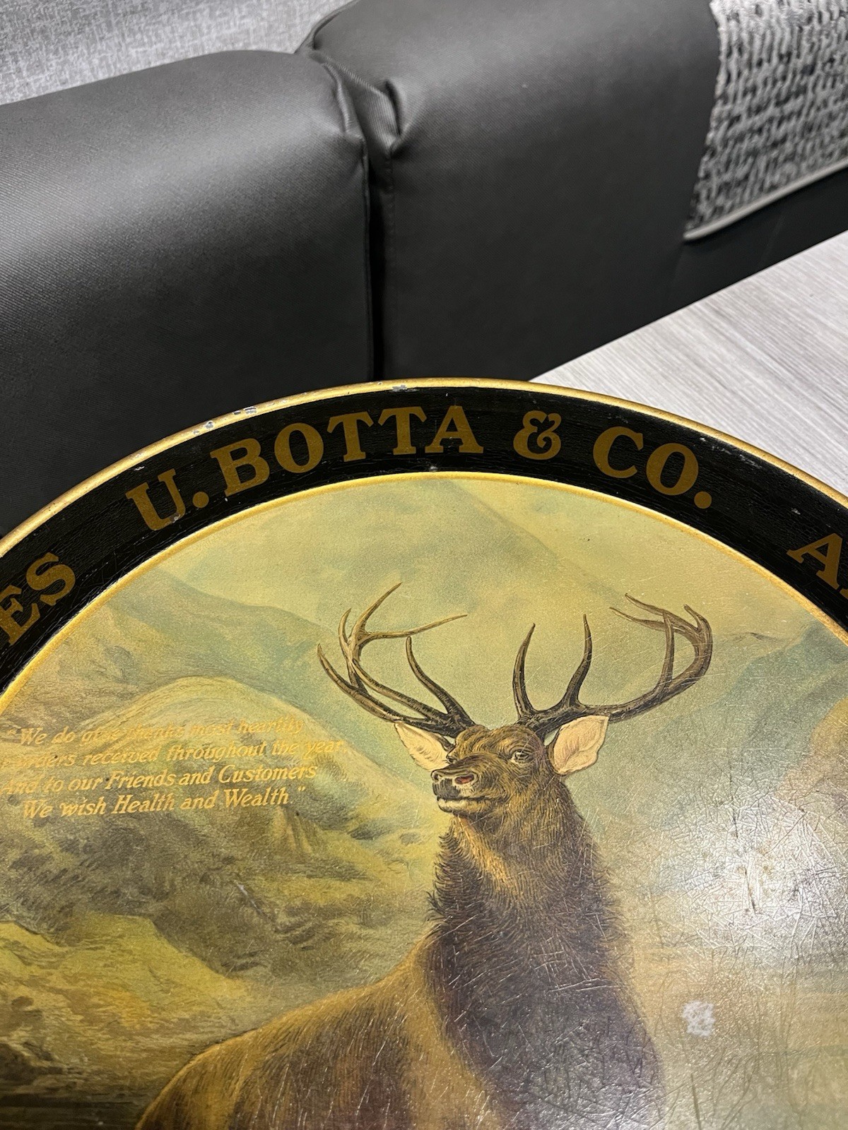 VINTAGE PRE PROHIBITION U.BOTTA & CO WINES TIN LITHO ADVERTISING BEER TRAY STAG