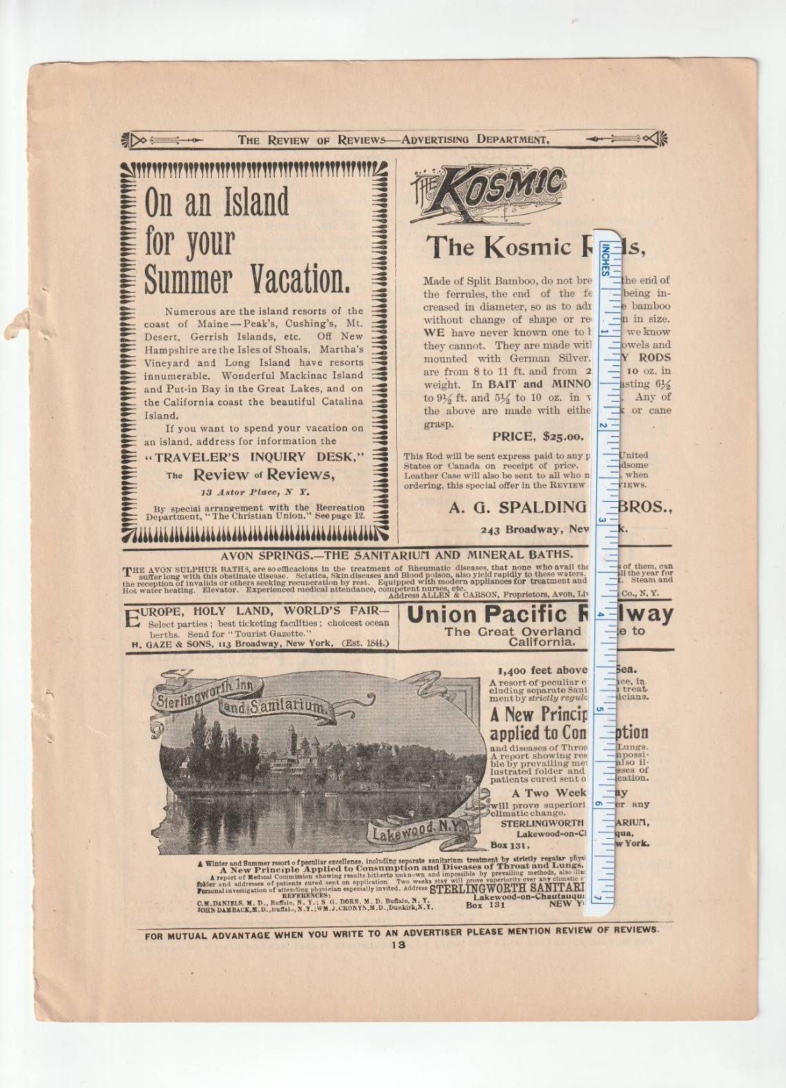 1893 STERLINGWORTH Inn/SANITARIUM Magazine AD~KOSMIC Fishing ROD/A.G Spalding
