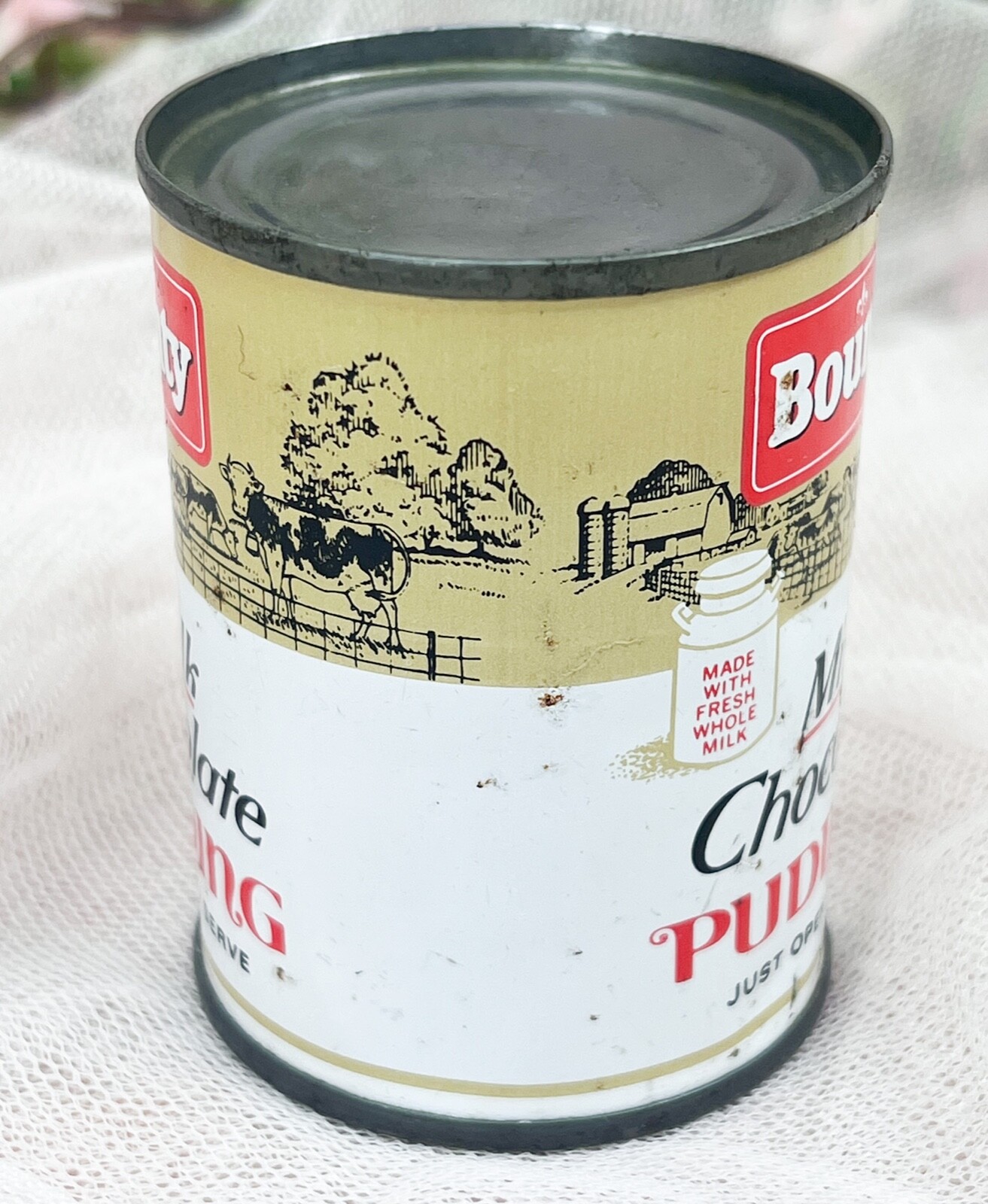 1950s Advertising 3″ Mini Tin Can BOUNTY MILK CHOCOLATE PUDDING—SEALED EMPTY