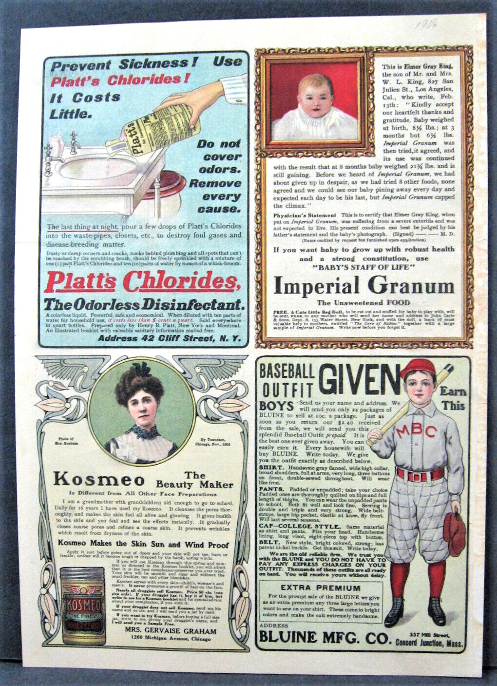 Vintage 1906 Magazine Full Pg Ad Kosmeo Baseball Outfit Platt’s Imperial Granum
