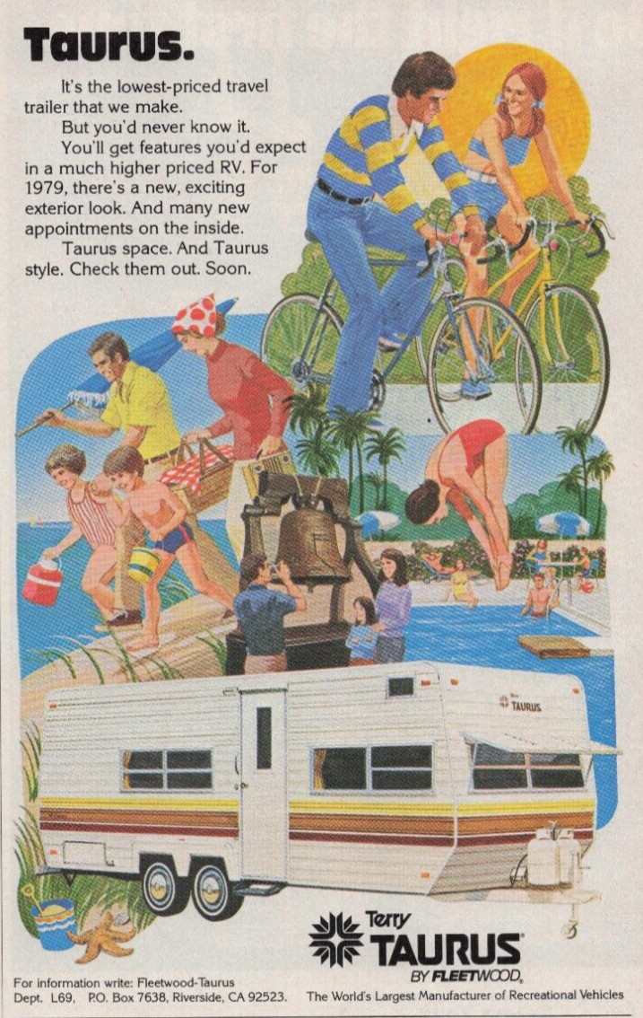 1979 Vintage Print Ad Terry Taurus by Fleetwood Trailer RV Biking Beach Swimming
