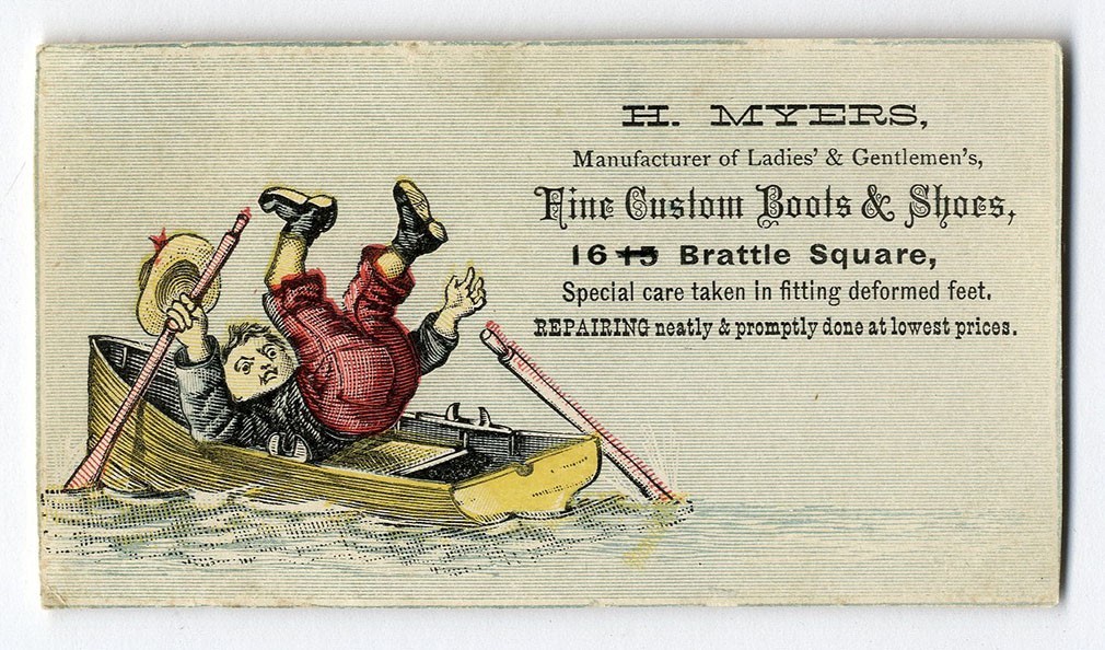Cambridge MA FINE BOOTS SHOES H. Myers 1880’s VICTORIAN Trade Card