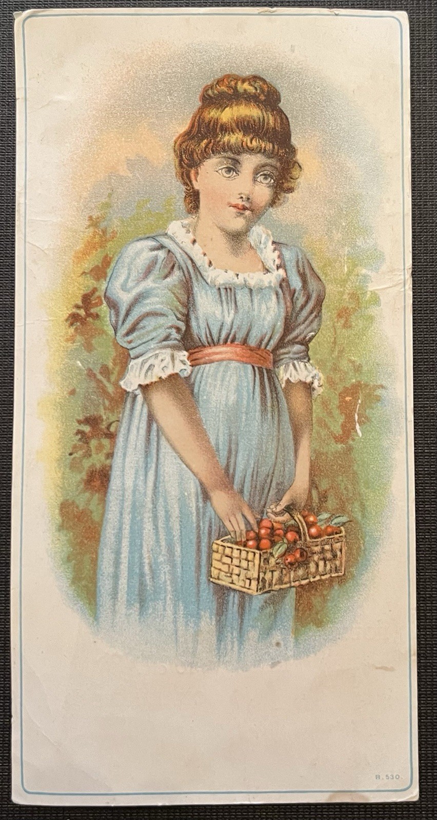 Victorian Trade Card Of Young Girl In Blue Dress Holding A Basket Of Cherries