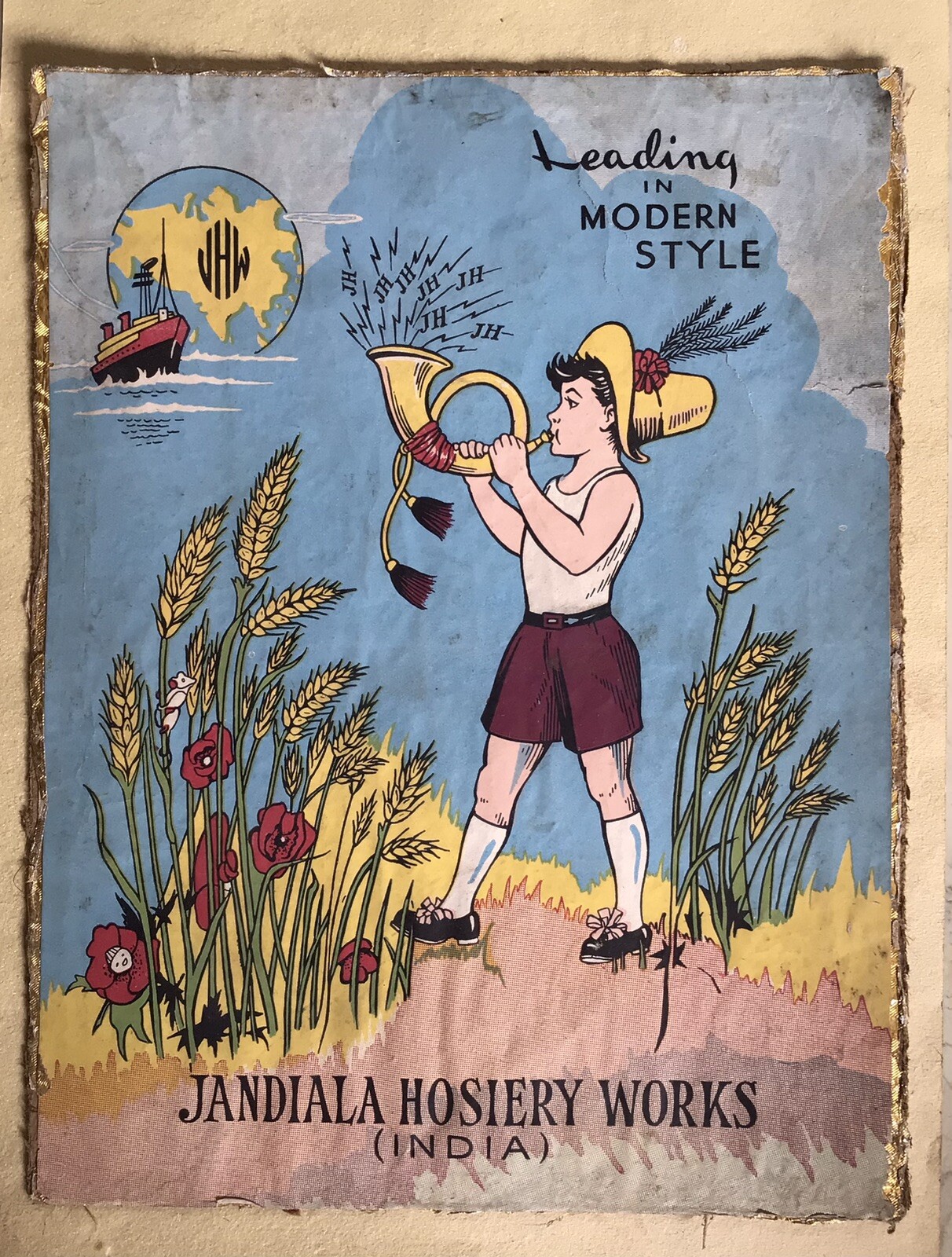 Vintage Indian Advertisement Sign Boy Bugle Hosiery Rare India Art Kitsch