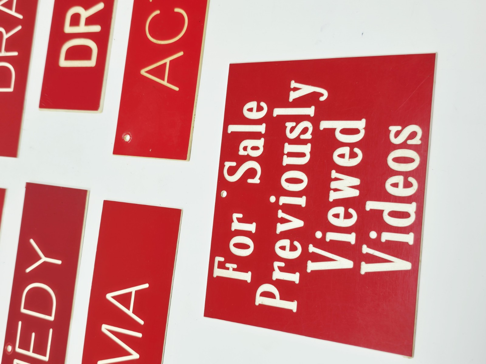 Retro 80s-90s Video Rental Store Marque/Plaque Genre Section Signs Lot Red