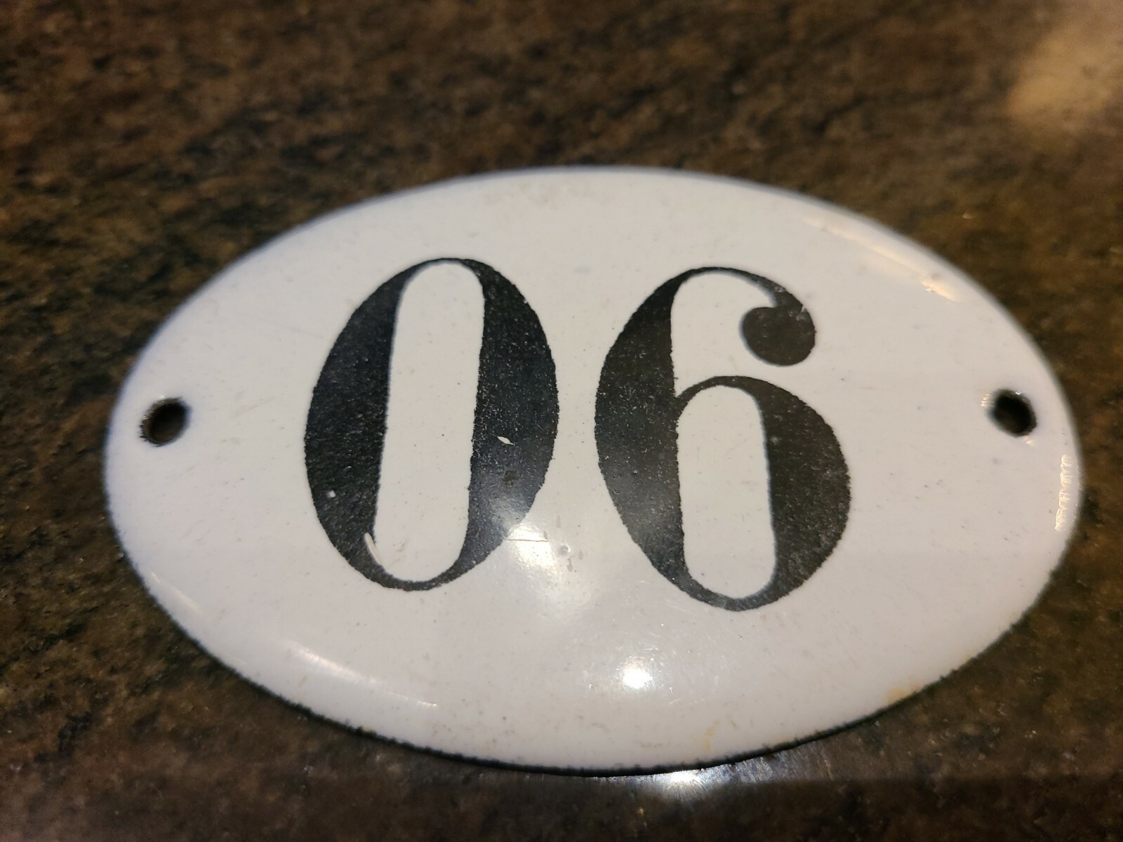 VINTAGE Enameled Porcelain~Tin Sign Number 90 or 06~3.25″ x 2.25″