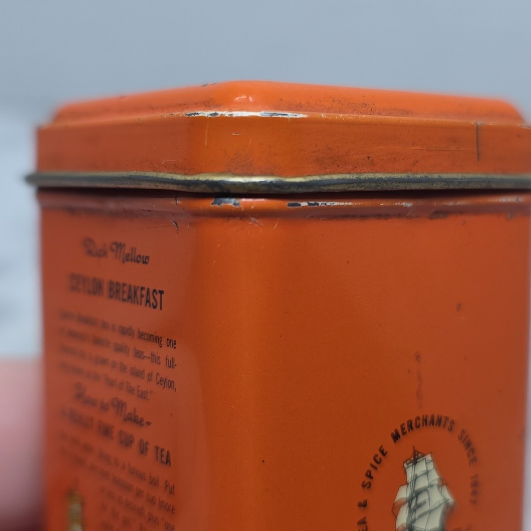 Vintage John Wagner & Sons Rich Mellow Ceylon Breakfast Tea Tin Orange 3/4 Oz