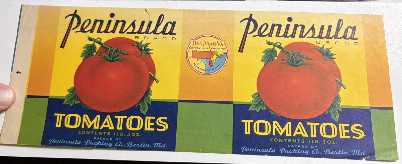 Peninsula Tomato Cannery Label, Peninsula Packing Co, Berlin, MD/Maryland.