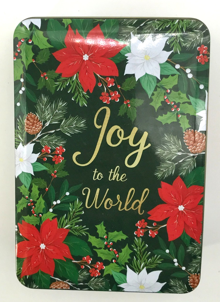 Greenbrier Christmas Cookie Present Gift Tin Box Joy to the World Poinsettia