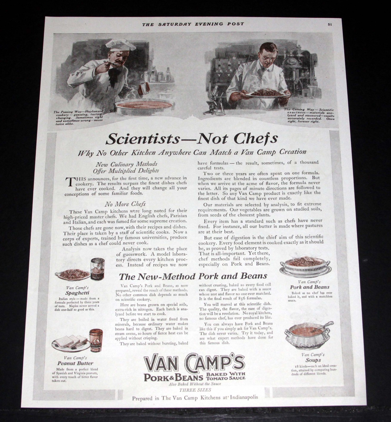 1917 OLD WWI MAGAZINE PRINT AD, VAN CAMP’S PORK & BEANS, SCIENTISTS-NOT CHEFS!