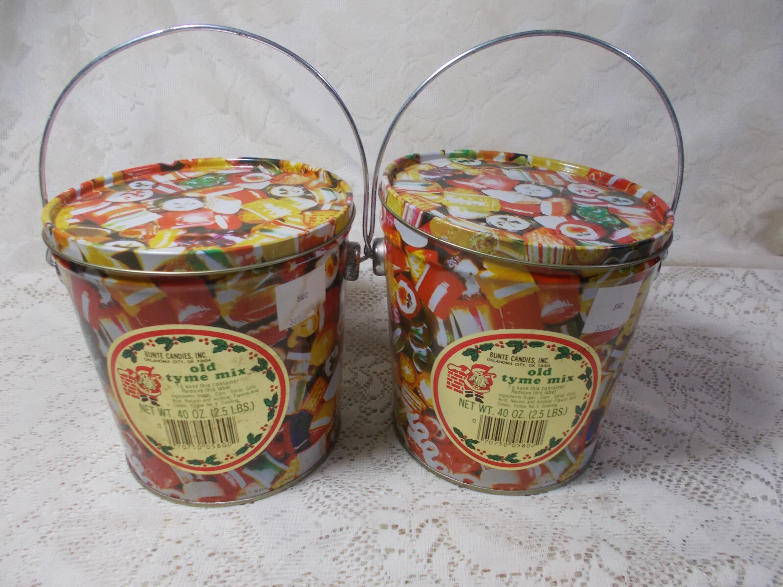 2 Vintage Bunte Candies Old Tyme Mix Tin Pails/Buckets 40 Oz. 6×6