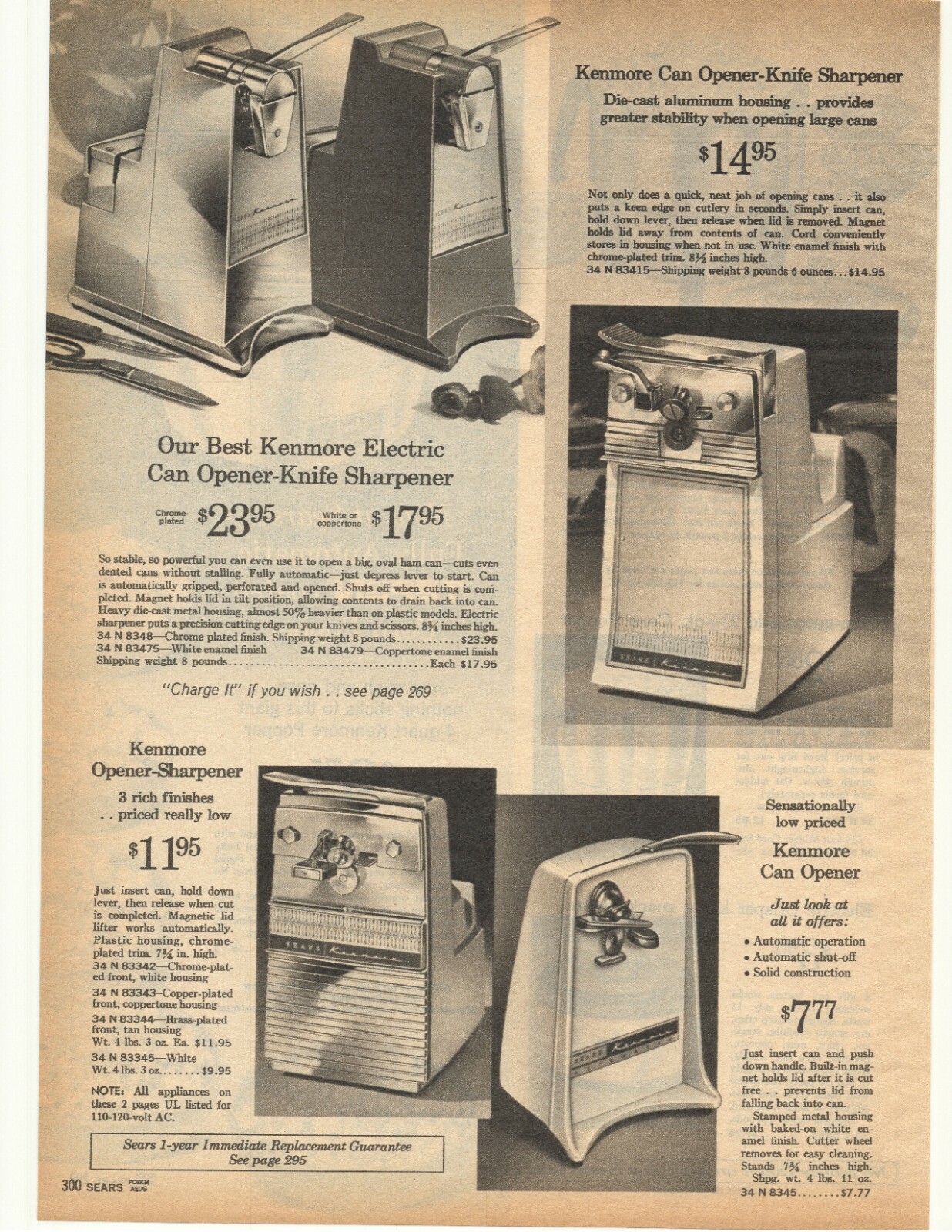 1965 Sears Corn Popper, Kenmore Can Opener Knife Sharpener Double Sided Sears AD