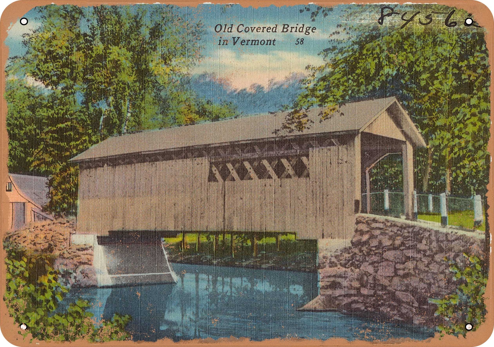 METAL SIGN – Vermont Postcard – Old covered bridge in Vermont