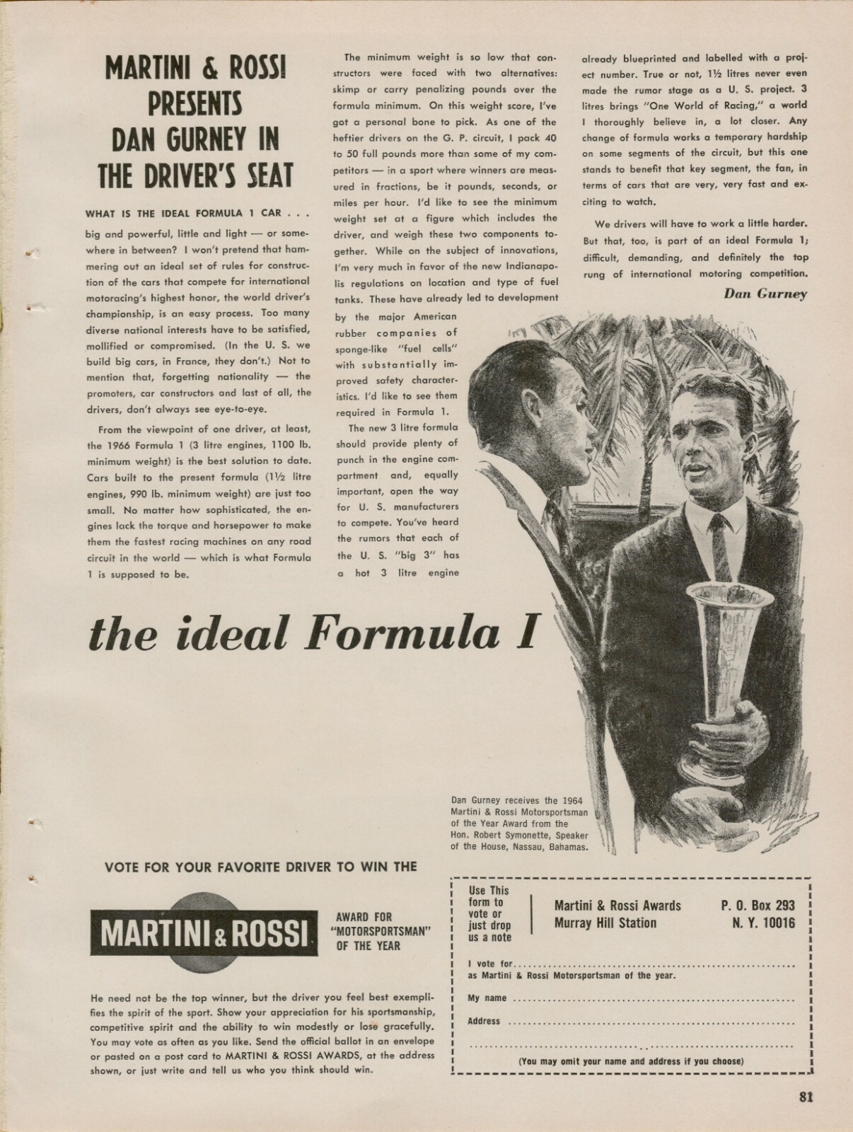 1965 Martini & Rossi Dan Guerney Award Motorsportsman of Year Vintage Print Ad