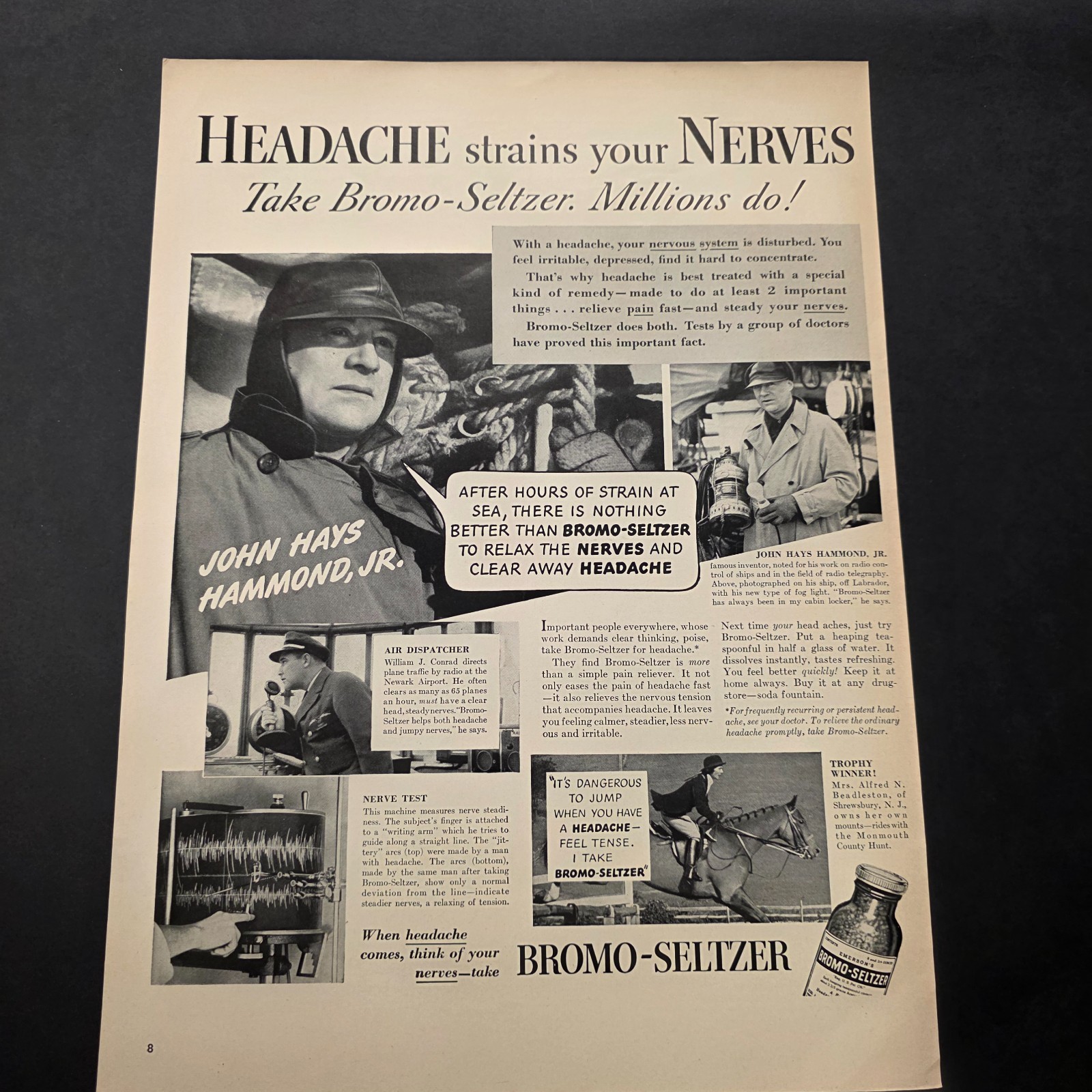 1940s Bromo-Seltzer Headache Relief VTG Print Ad John Hays Hammond Jr Medicine