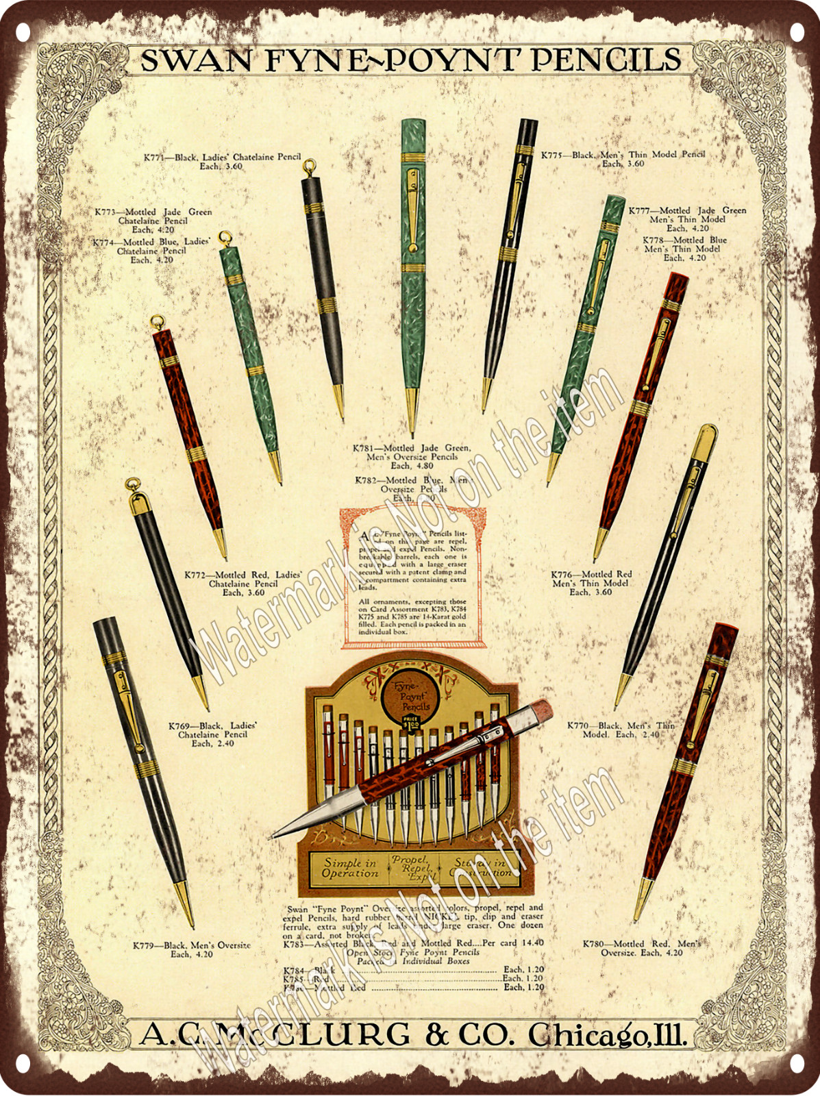 1927 Swan Fountain Pens Pencils Mottled Jade Blue Black Metal Sign 9×12″ A886