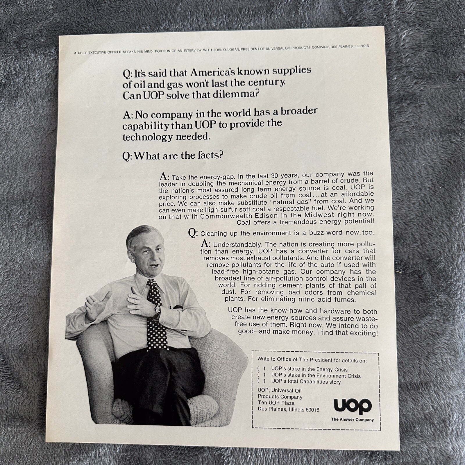 UOP Universal Oil Products Des Plains Illinois Vintage Magazine Print Ad 1972