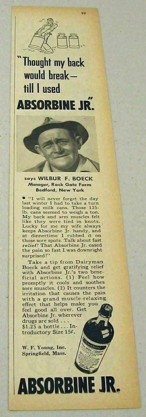 1950 Print Ad Absorbine Jr Farmer Lifts Milk Cans Cartoon