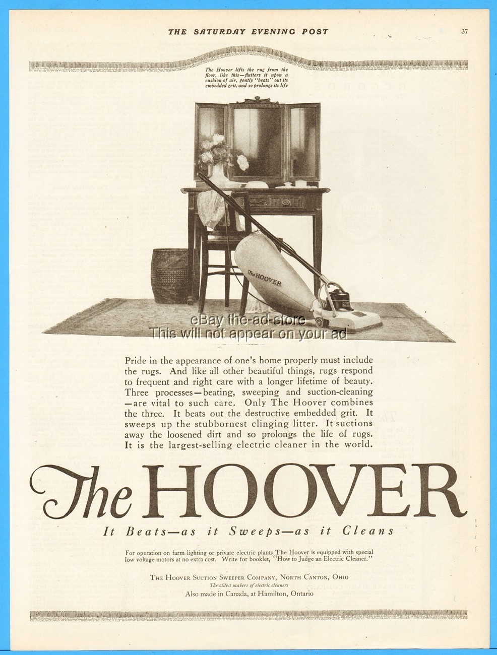 1920 Hoover Co North Canton Ohio Vacuum Cleaner 1920s Sweeper Home Decor Ad