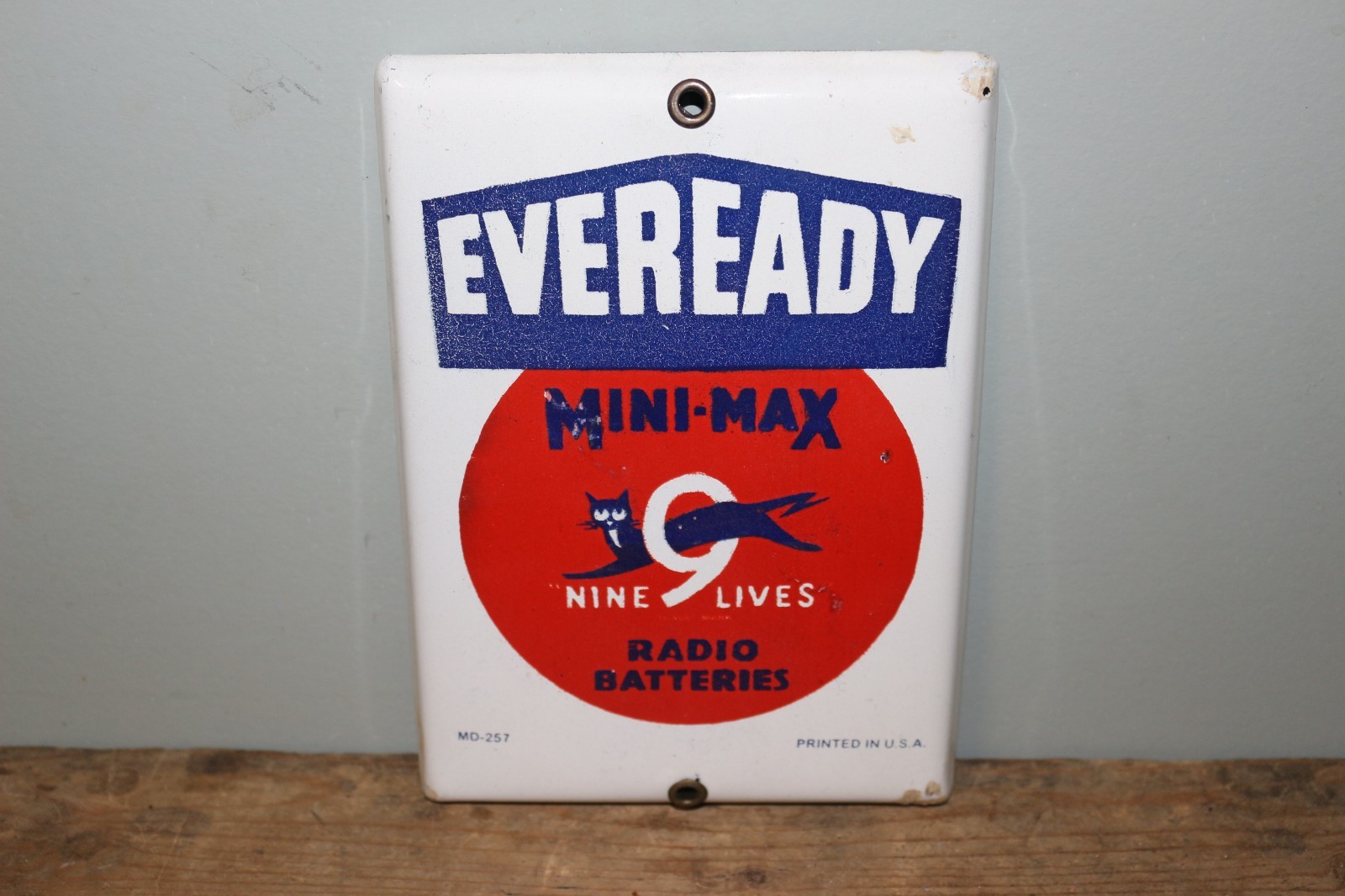 Vtg Eveready Mini-Max 9 Lives Radio Batteries Embossed Porcelain Metal Sign