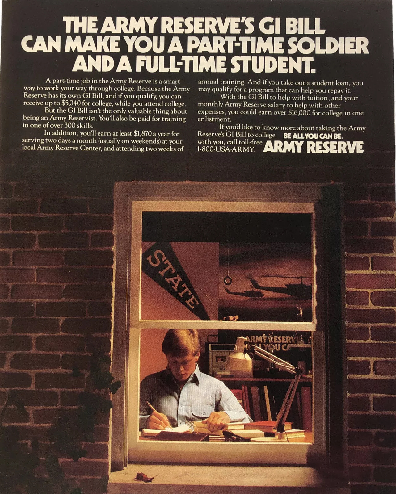 PRINT AD 1987 US Army Reserve GI Bill Be All You Can Be Military Soldier Student
