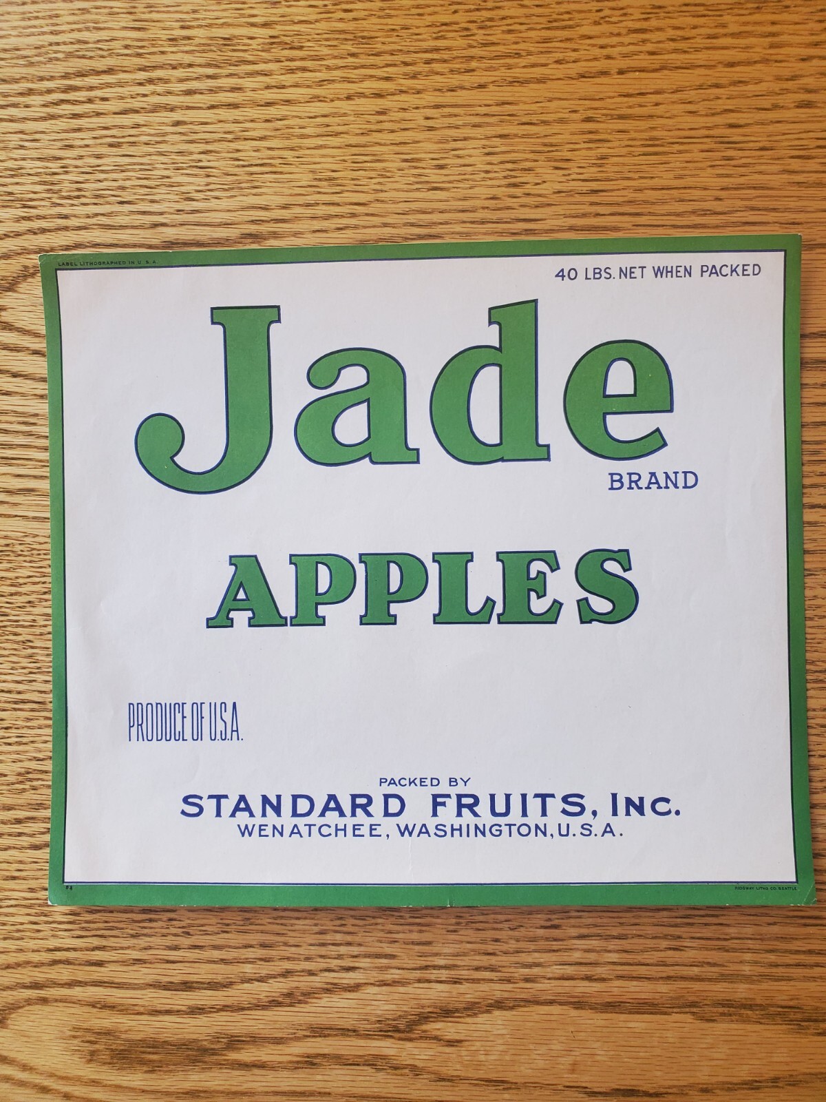 ORIGINAL JADE APPLE WOOD CRATE LABEL – WHITE / GREEN BORDER – 40 LBS NET