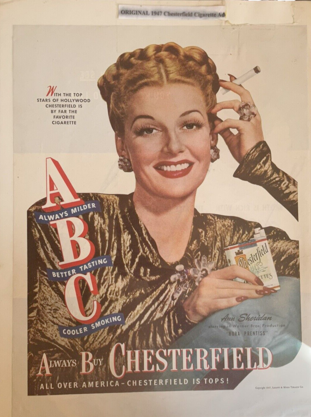Chesterfield Cigarettes Print Ad Liggett Myers Tobacco 1947 Ann Sheridan Warner