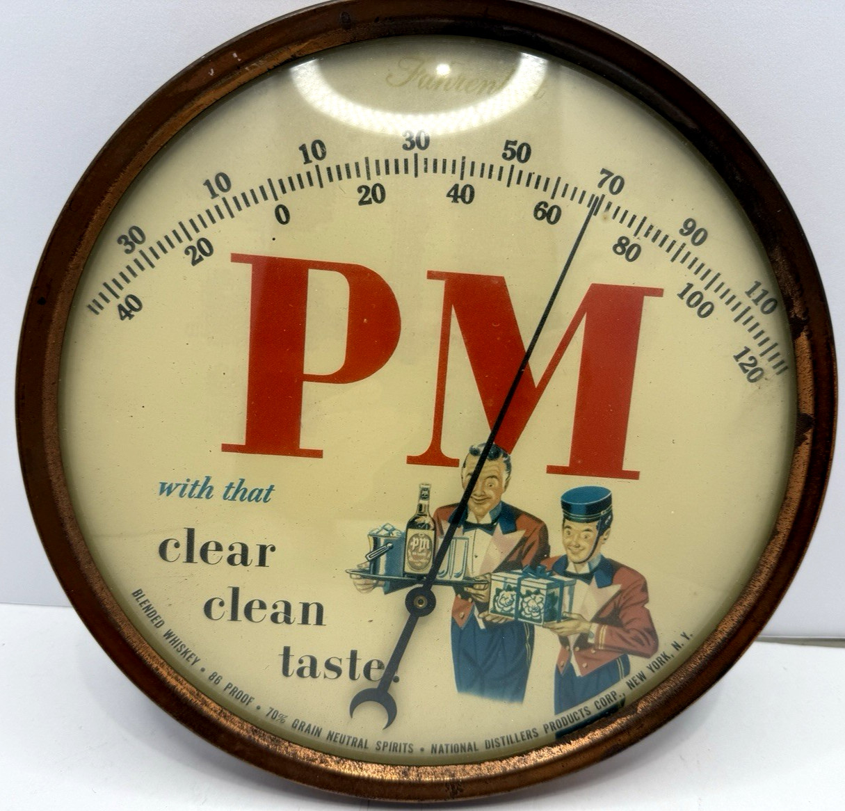 vtg PM WHISKEY THERMOMETER NATIONAL DISTILLERS PRODUCTS, NEW YORK 9 INCHES