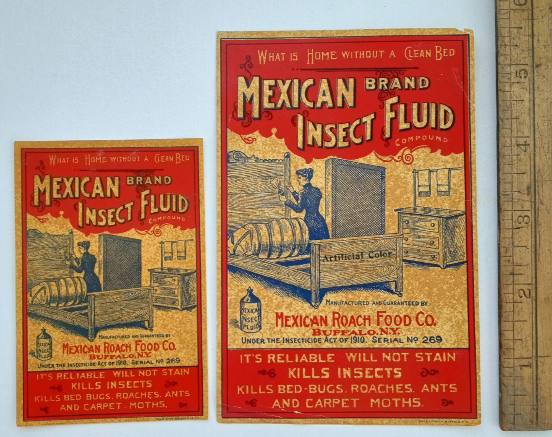 2 BUFFALO NY MEXICAN BRAND INSECT FLUID ROACH FOOD LABEL INSECTICIDE BED BUGS +