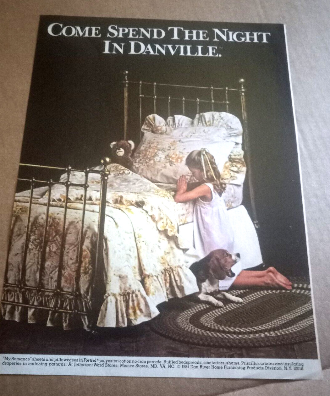 1981 print ad – Dan River bed linens cute little girl praying dog advertising