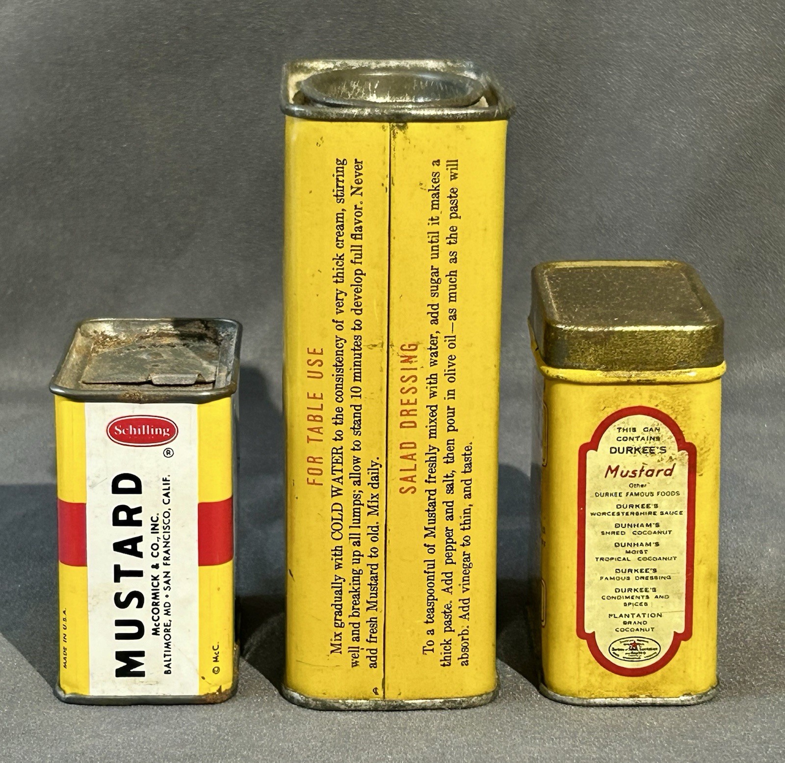 3 Vintage Tins Schilling Coleman’s Durkee’s Dry Mustard Empty Advertising Cans