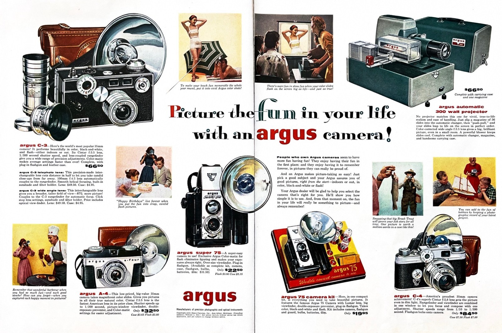 1955 ARGUS CAMERA Large 2-Page Vintage Print Ad Film Photography 14″ x 20″