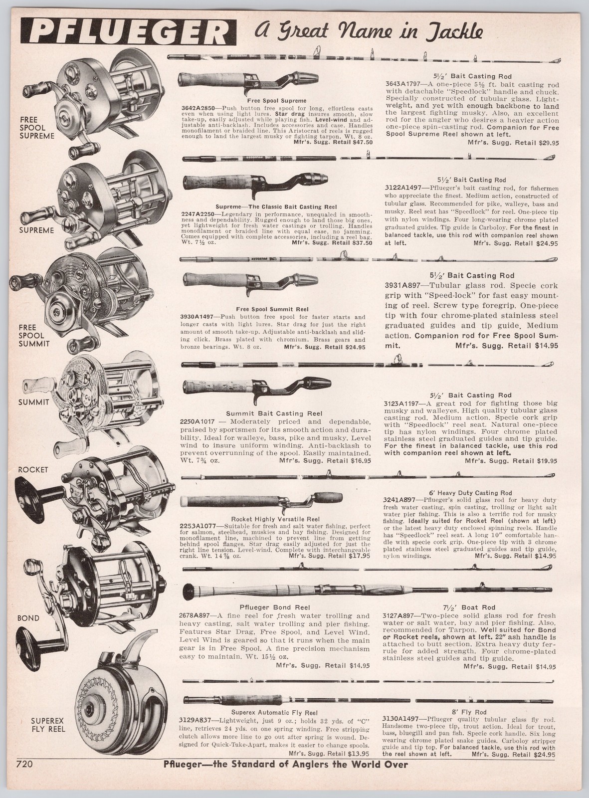 1960s Shakespeare Pflueger Dremel Fishing Rod Reel Print Ad Catalog Page Vintage
